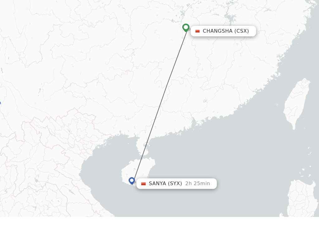 Flights from Changsha to Sanya route map