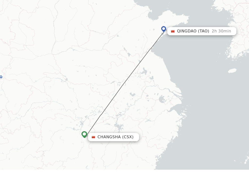 Flights from Changsha to Qingdao route map
