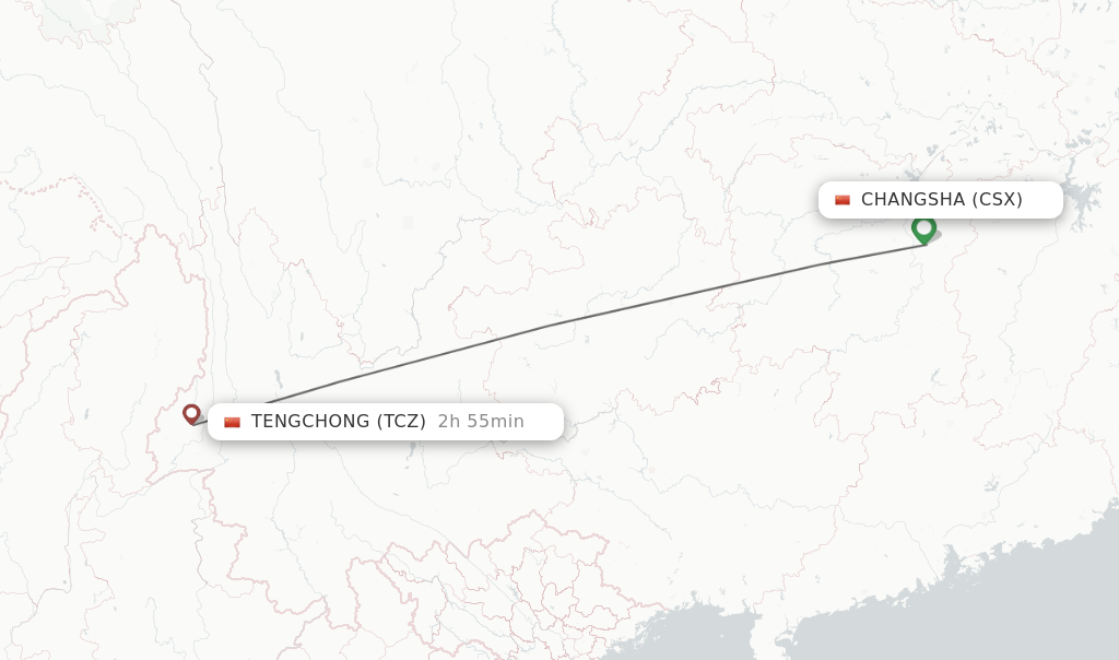 Flights from Changsha to Tengchong route map