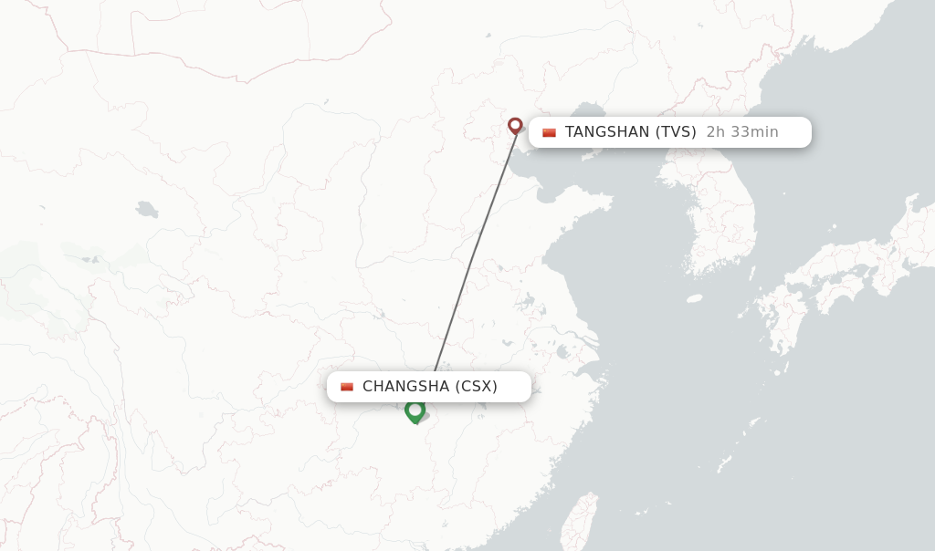 Flights from Changsha to Tangshan route map