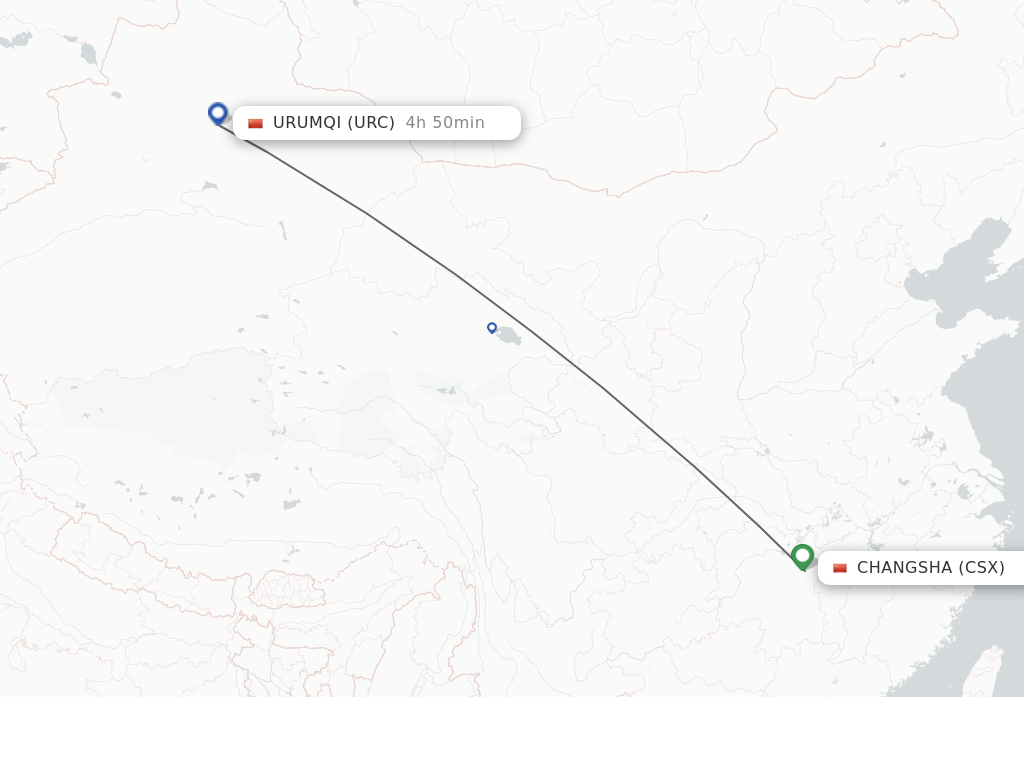 Flights from Changsha to Urumqi route map