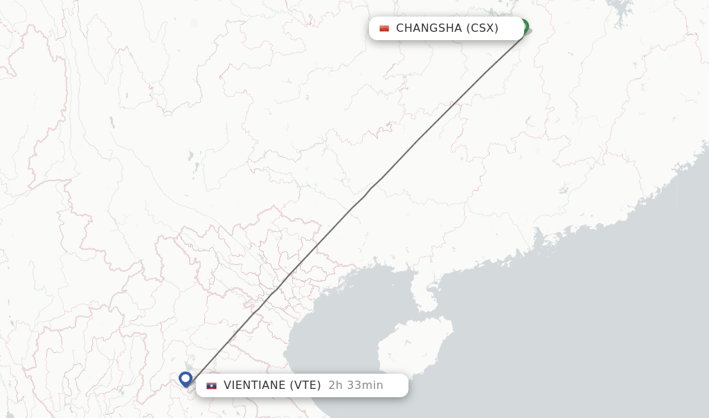Flights from Changsha to Vientiane route map