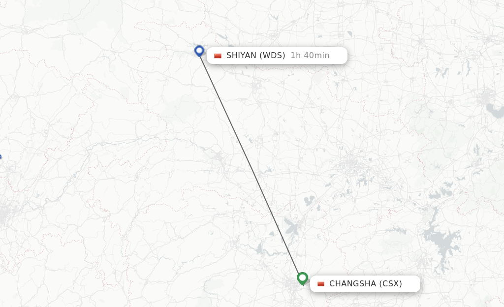 Flights from Changsha to Shiyan route map