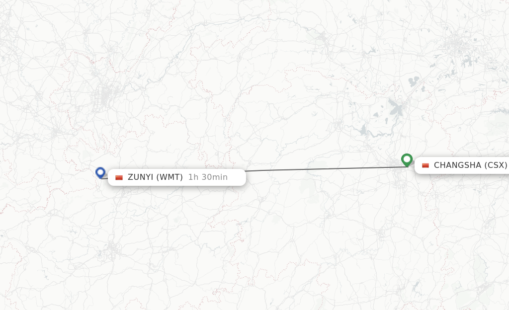 Flights from Changsha to Zunyi route map