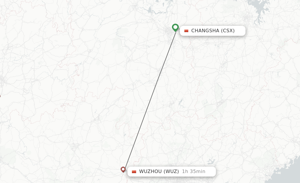 Flights from Changsha to Wuzhou route map