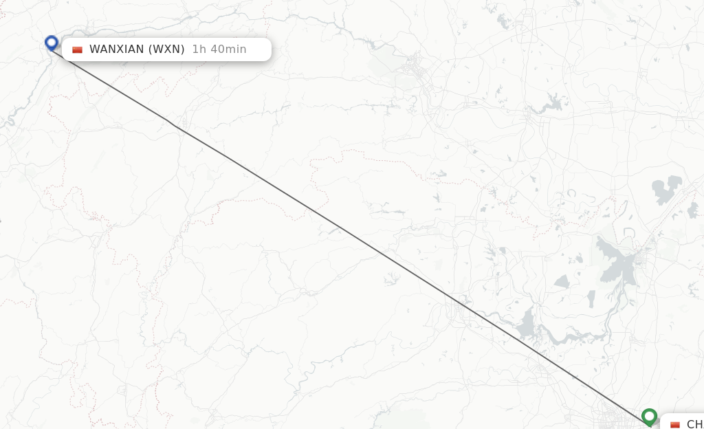 Flights from Changsha to Wanxian route map