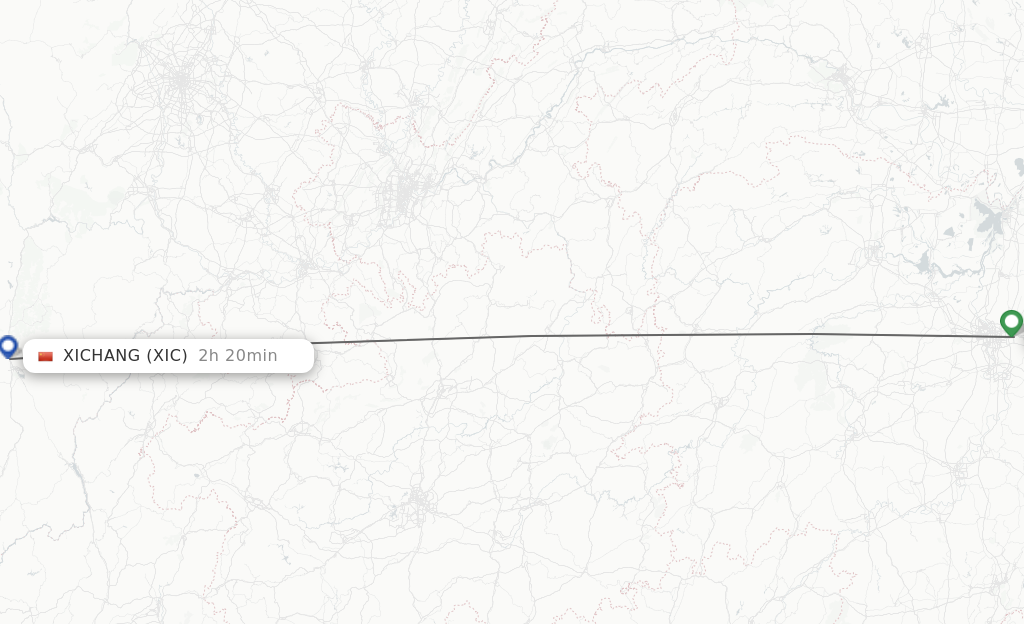 Flights from Changsha to Xichang route map