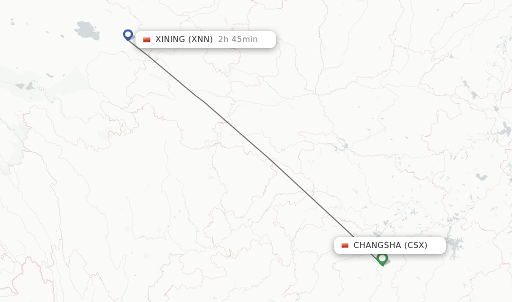Flights from Changsha to Xining route map