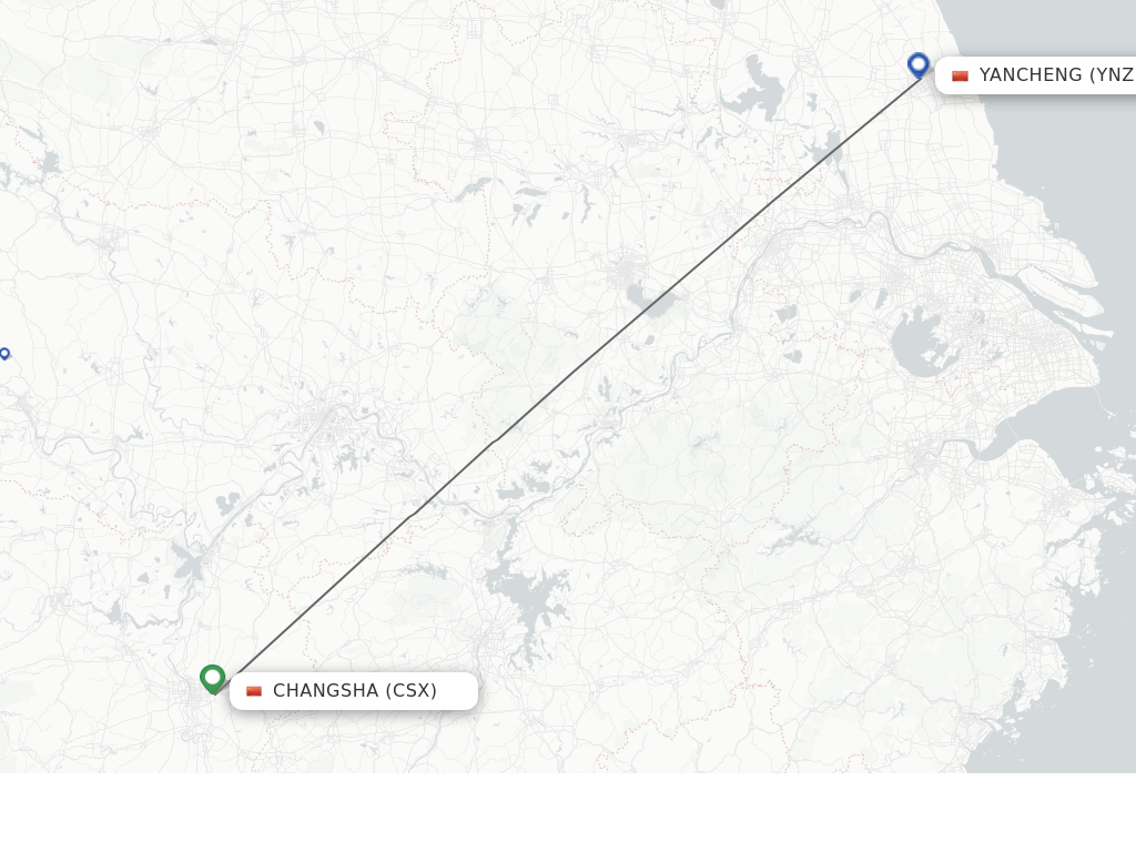 Flights from Changsha to Yancheng route map