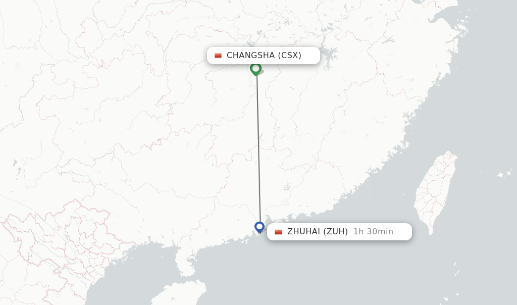 Flights from Changsha to Zhuhai route map