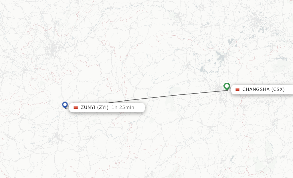 Flights from Changsha to Zunyi route map