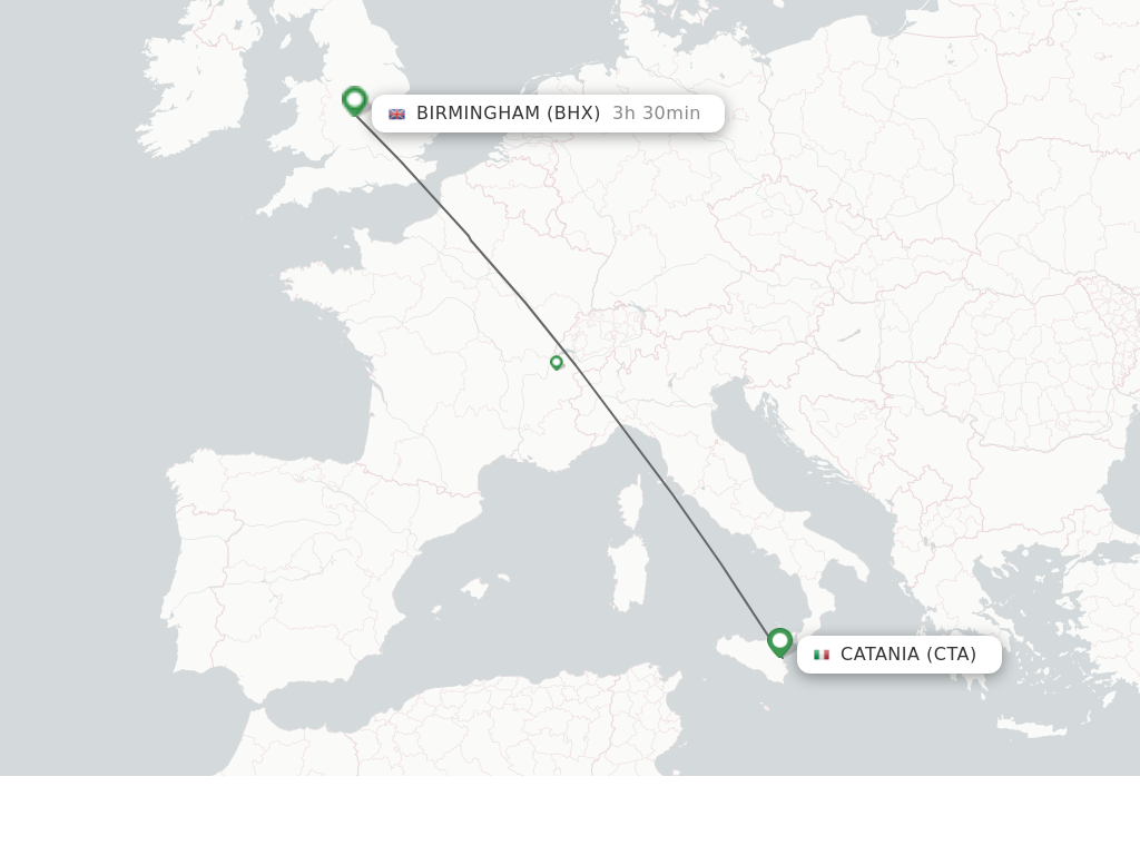 Flights from Catania to Birmingham route map