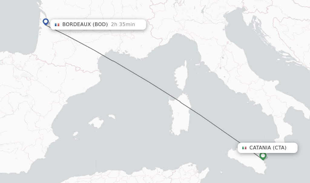 Flights from Catania to Bordeaux route map