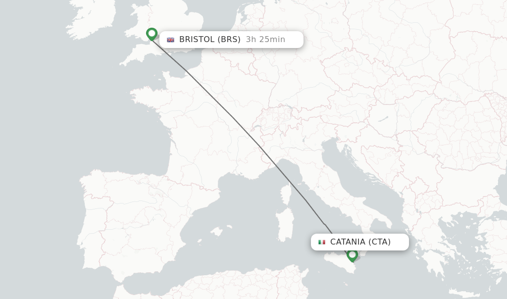 Flights from Catania to Bristol route map