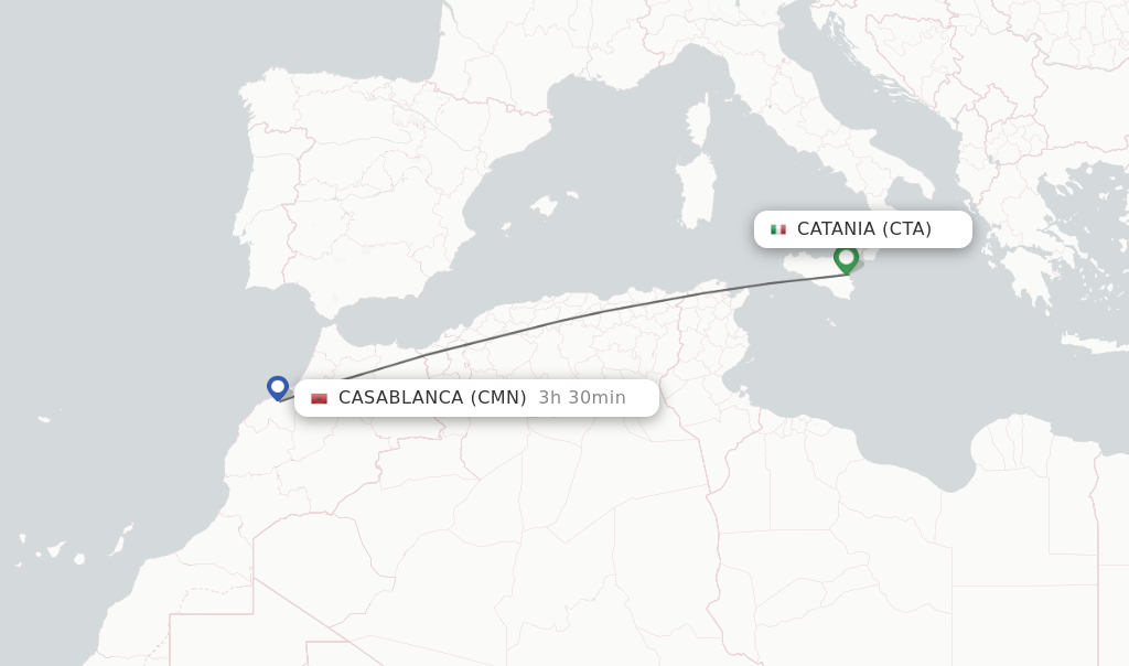 Flights from Catania to Casablanca route map