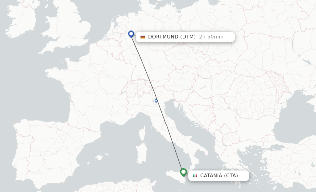 Flights from Catania to Dortmund route map