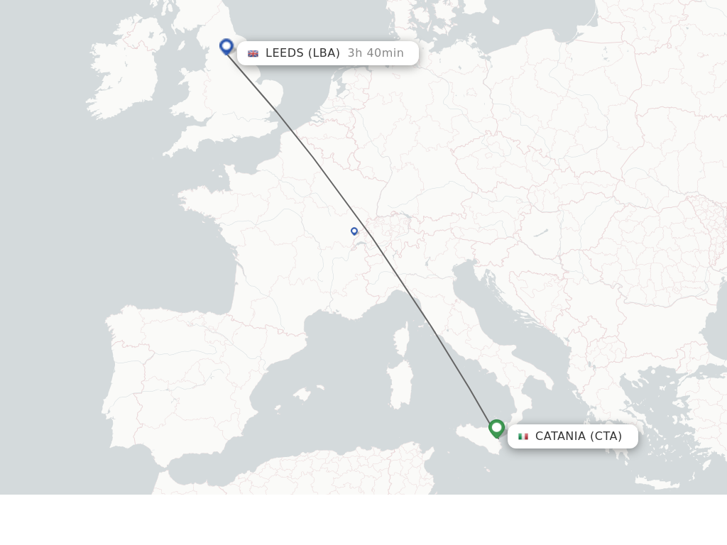 Flights from Catania to Leeds route map