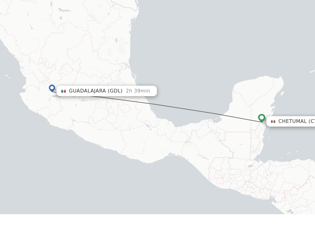Flights from Chetumal to Guadalajara route map