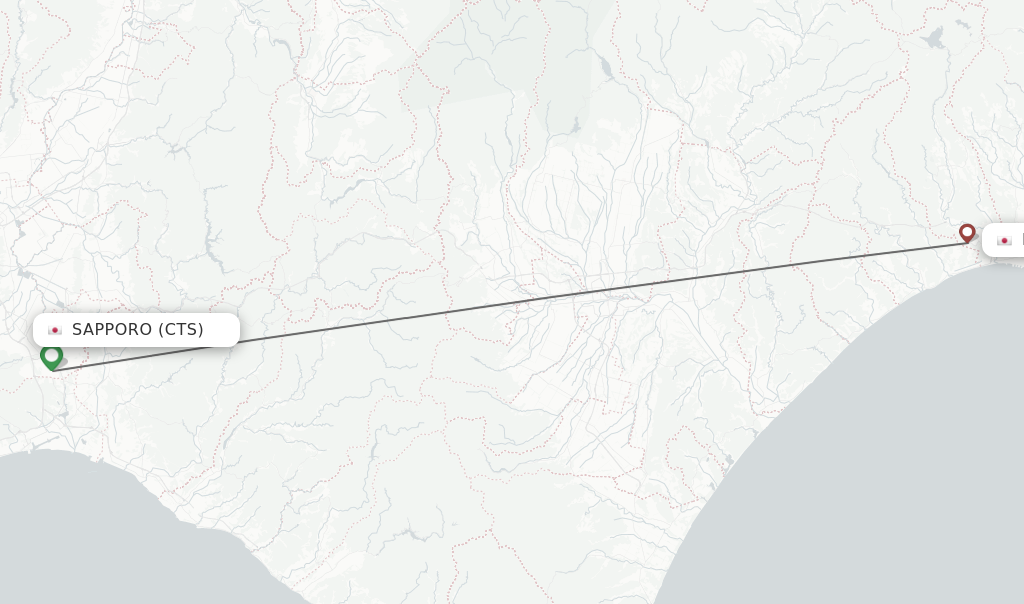 Flights from Sapporo to Kushiro route map