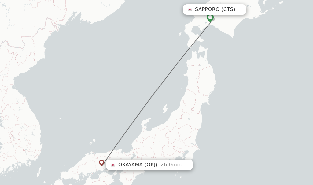 Flights from Sapporo to Okayama route map