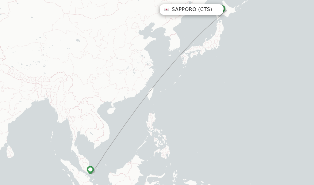 Route map with flights from Sapporo with Singapore Airlines