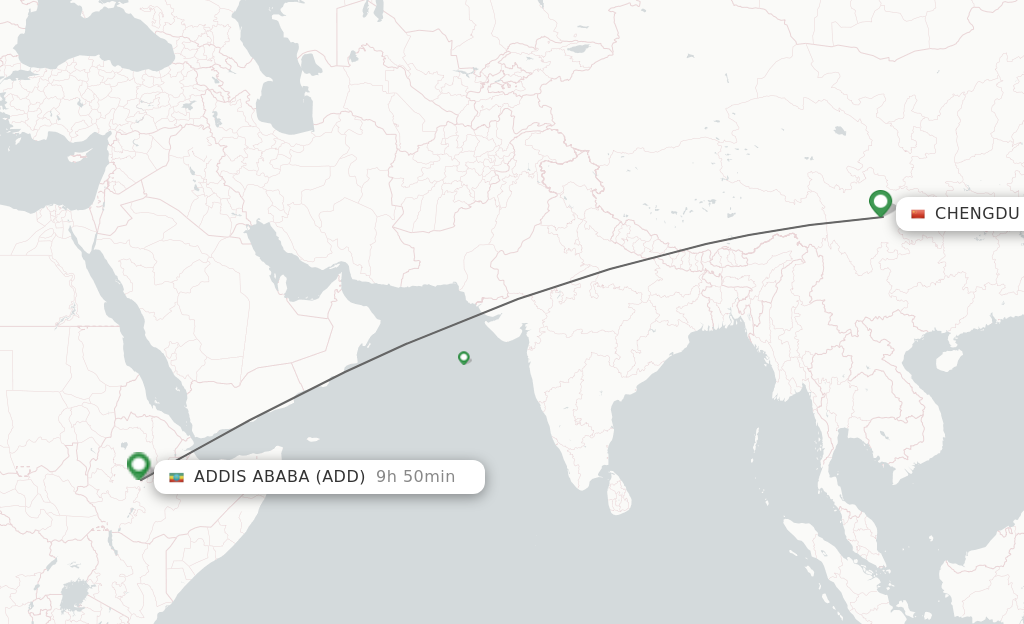 Flights from Chengdu to Addis Ababa route map