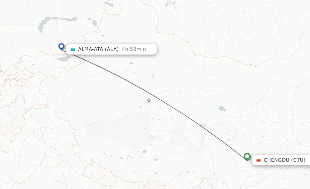 Flights from Chengdu to Almaty route map