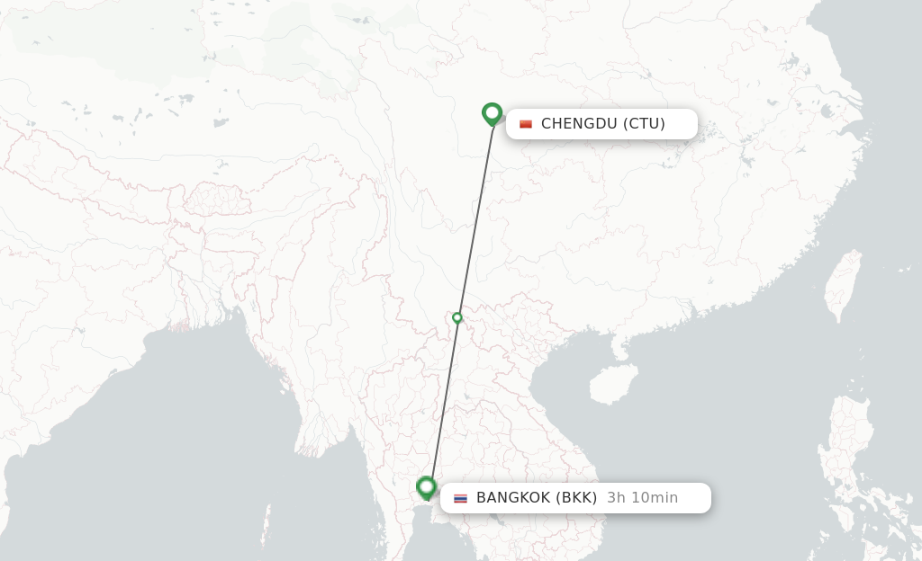 Flights from Chengdu to Bangkok route map