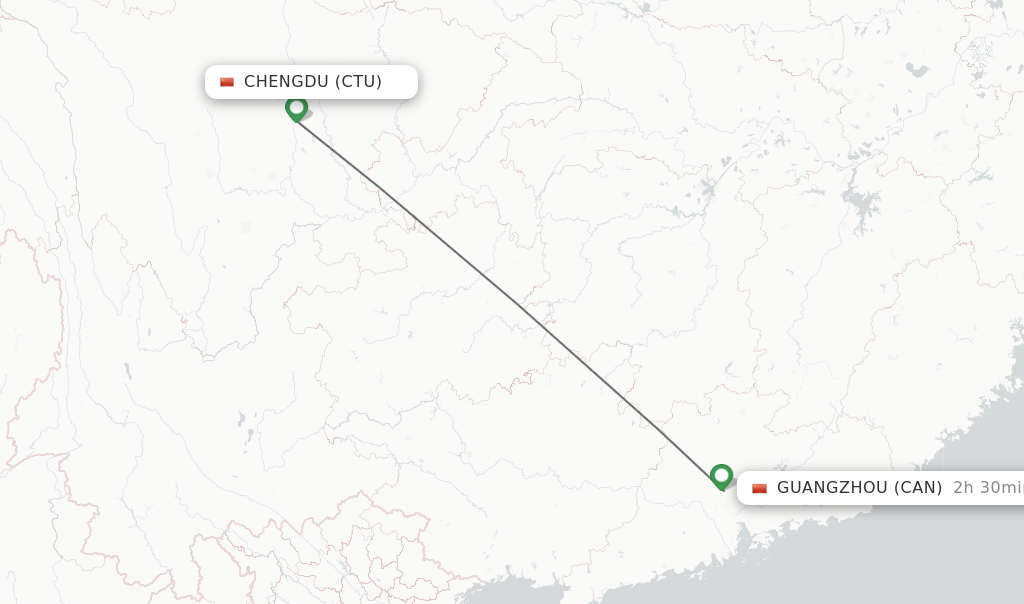 Flights from Chengdu to Guangzhou route map