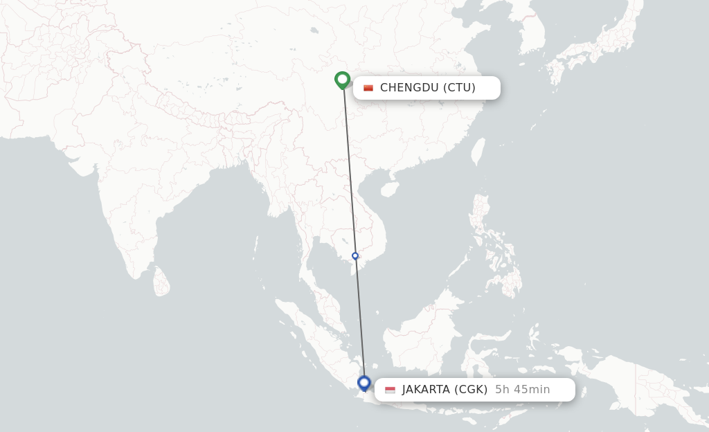 Flights from Chengdu to Jakarta route map