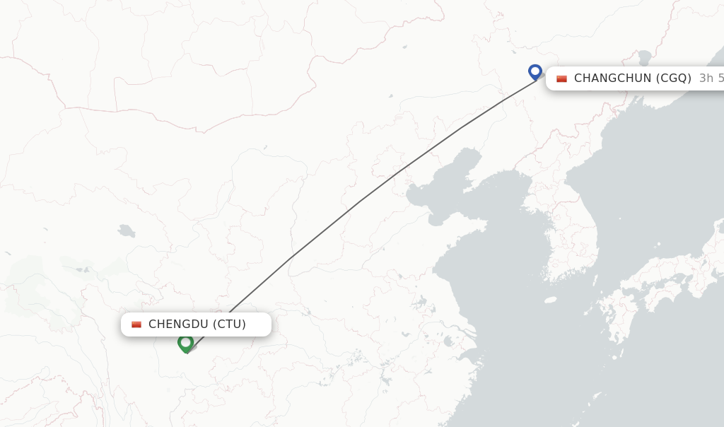 Flights from Chengdu to Changchun route map