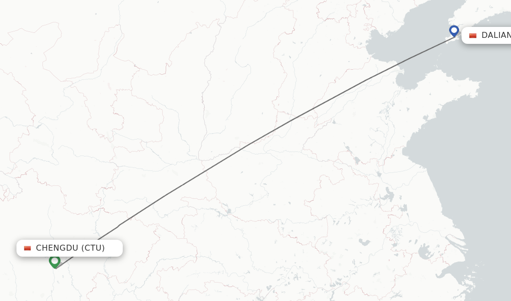 Flights from Chengdu to Dalian route map