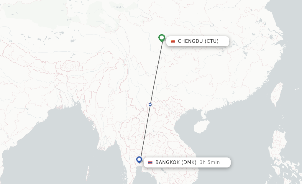 Flights from Chengdu to Bangkok route map