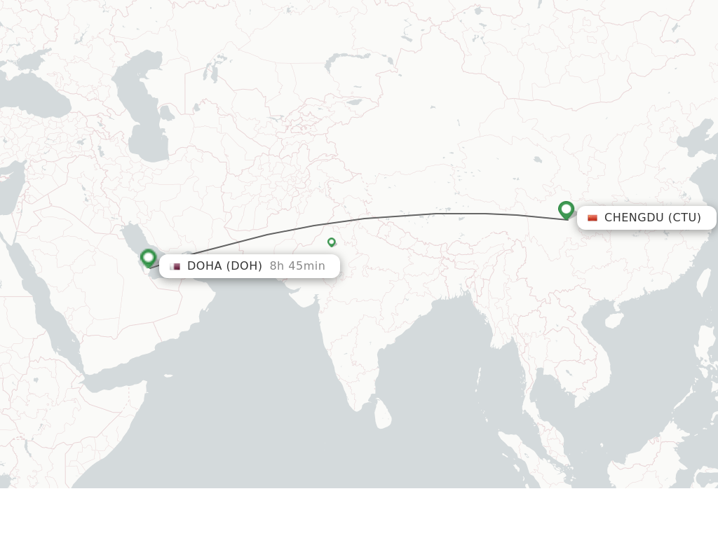 Flights from Chengdu to Doha route map