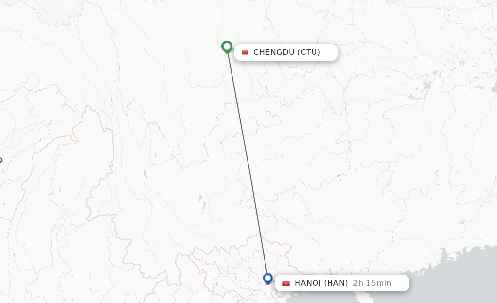 Flights from Chengdu to Hanoi route map