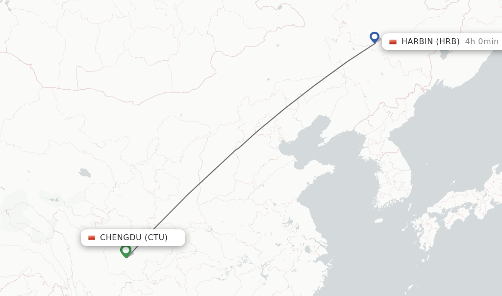 Flights from Chengdu to Harbin route map