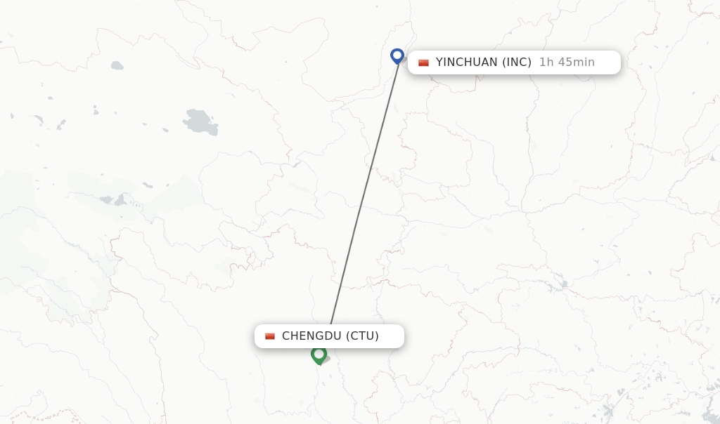 Flights from Chengdu to Yinchuan route map