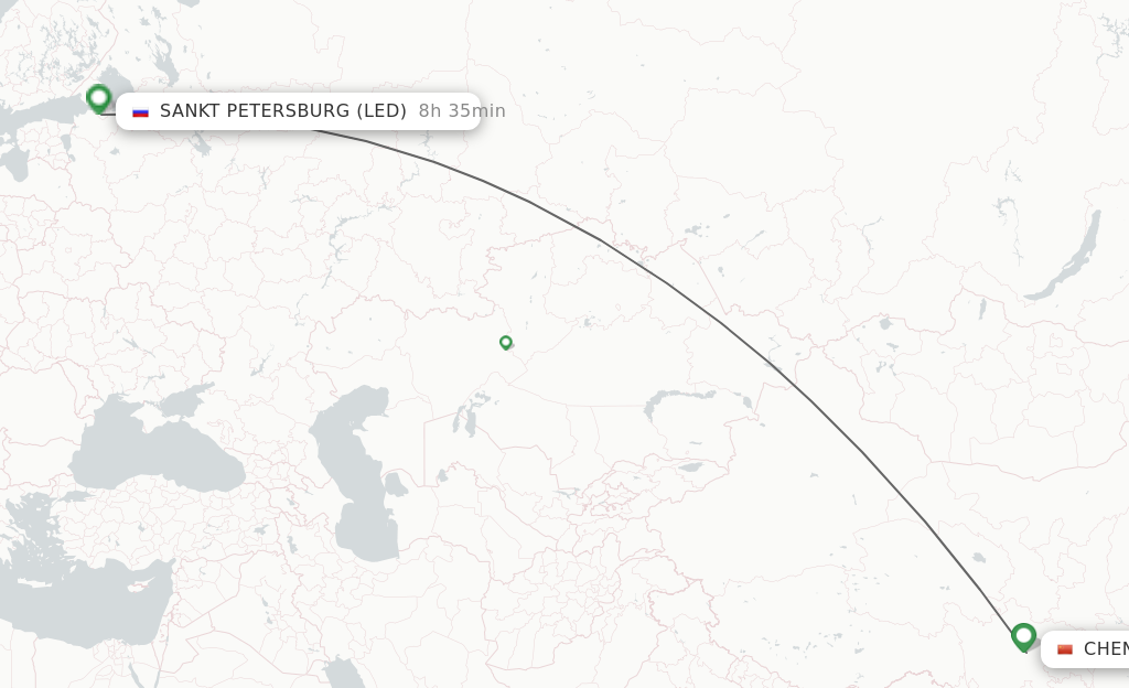 Flights from Chengdu to Saint Petersburg route map