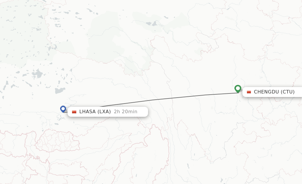 Flights from Chengdu to Lhasa/Lasa route map