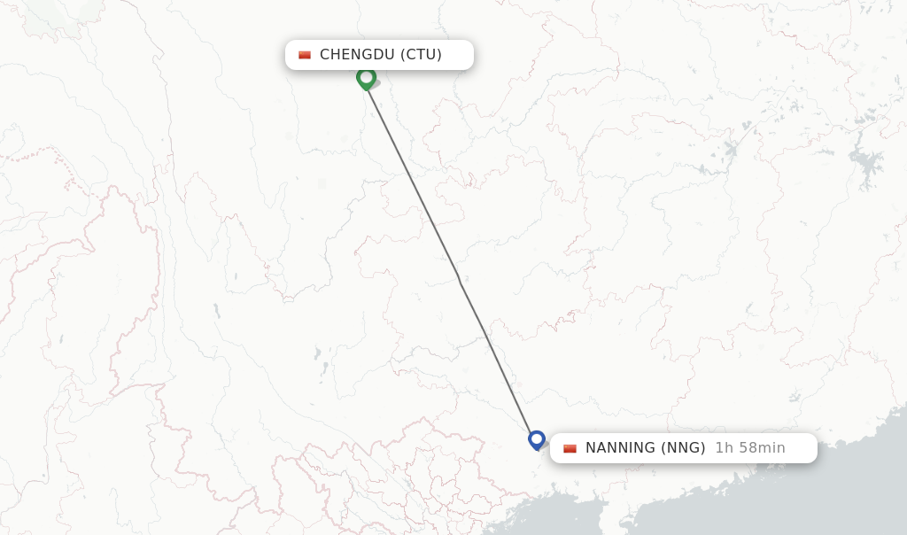 Flights from Chengdu to Nanning route map