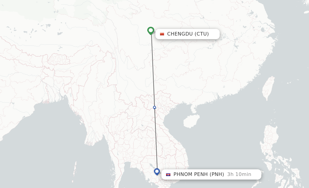 Flights from Chengdu to Phnom Penh route map