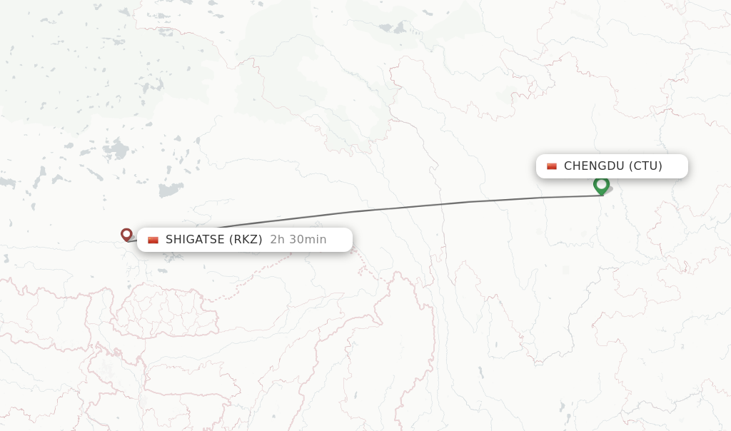 Flights from Chengdu to Shigatse route map