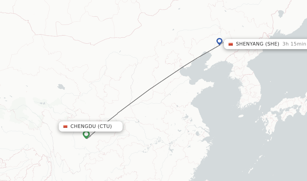 Flights from Chengdu to Shenyang route map