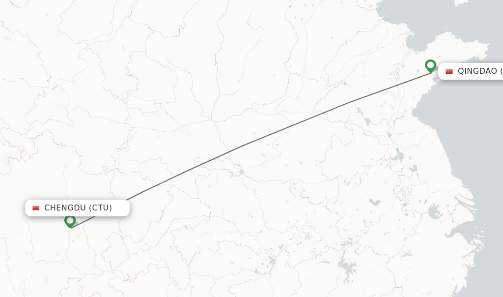 Flights from Chengdu to Qingdao route map