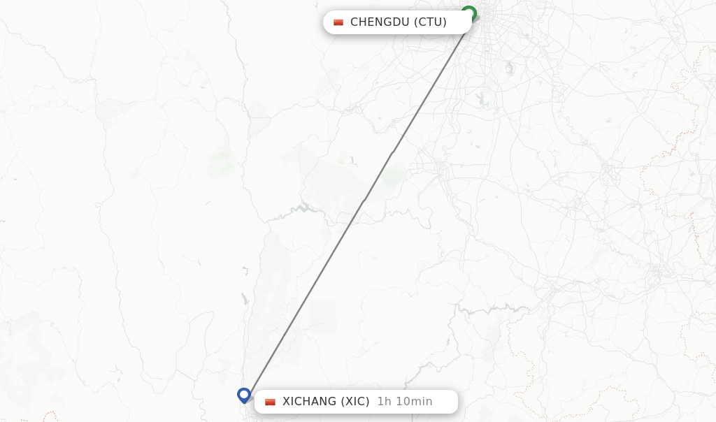Flights from Chengdu to Xichang route map