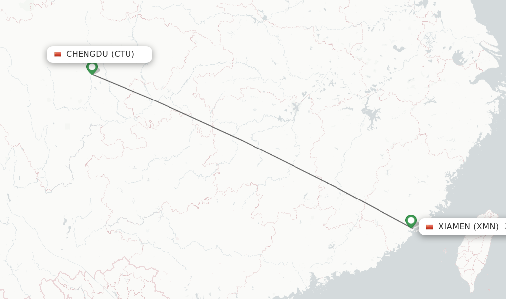 Flights from Chengdu to Xiamen route map