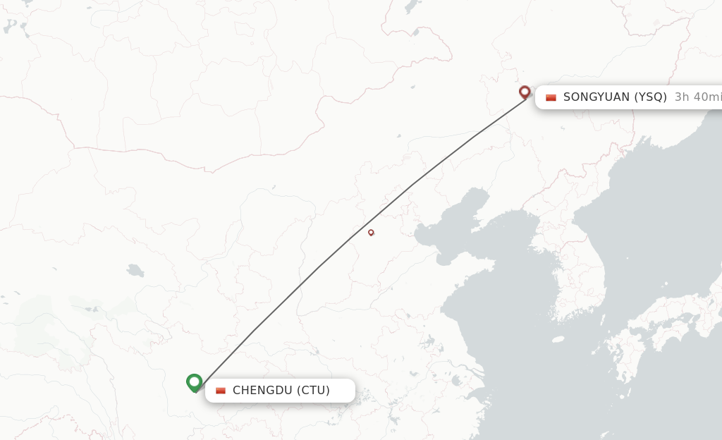 Flights from Chengdu to Songyuan route map