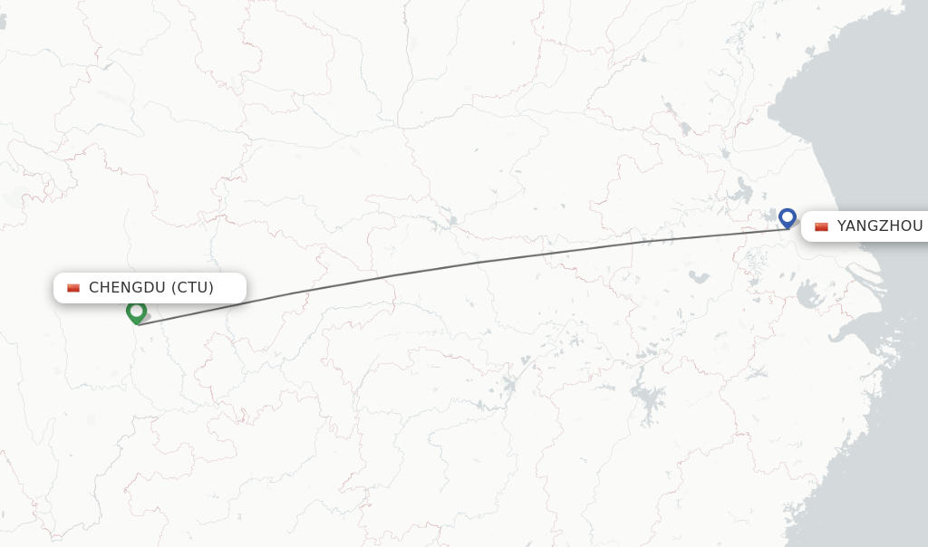 Flights from Chengdu to Yangzhou route map
