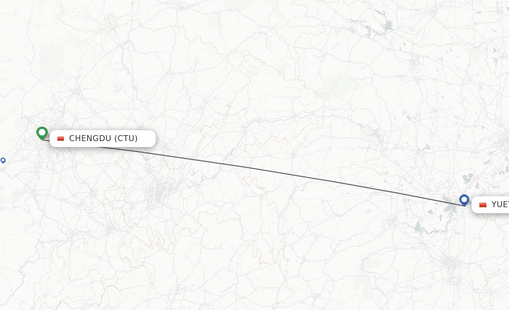 Flights from Chengdu to Yueyang route map