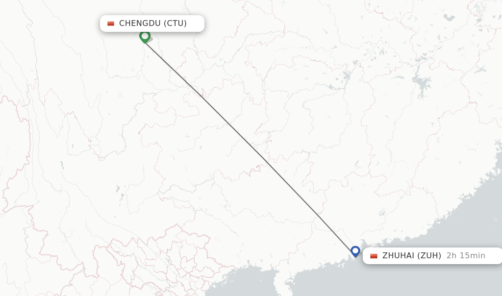 Flights from Chengdu to Zhuhai route map
